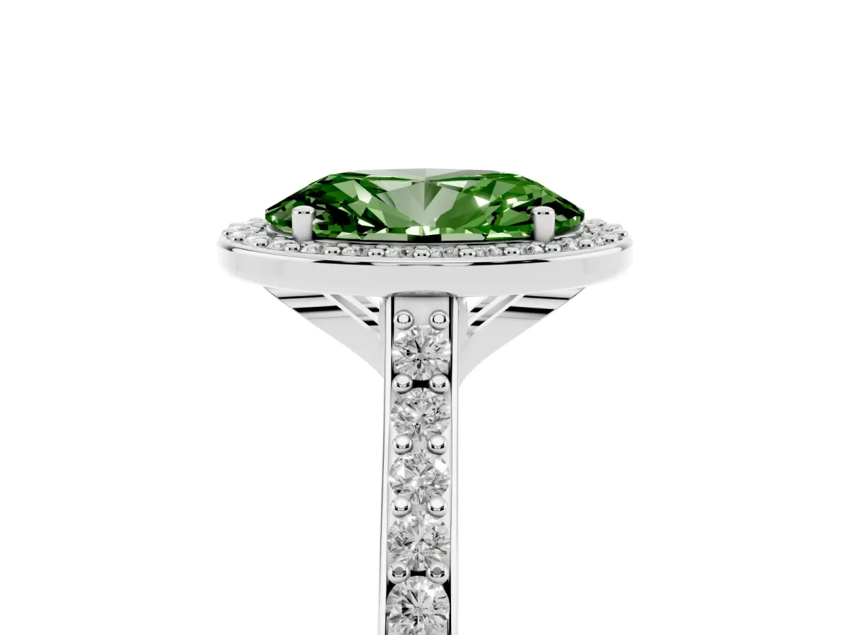 Fancy Green Oval Cut Diamond Halo Engagement Ring with Round Pavé Shoulders and Prong Setting Silver