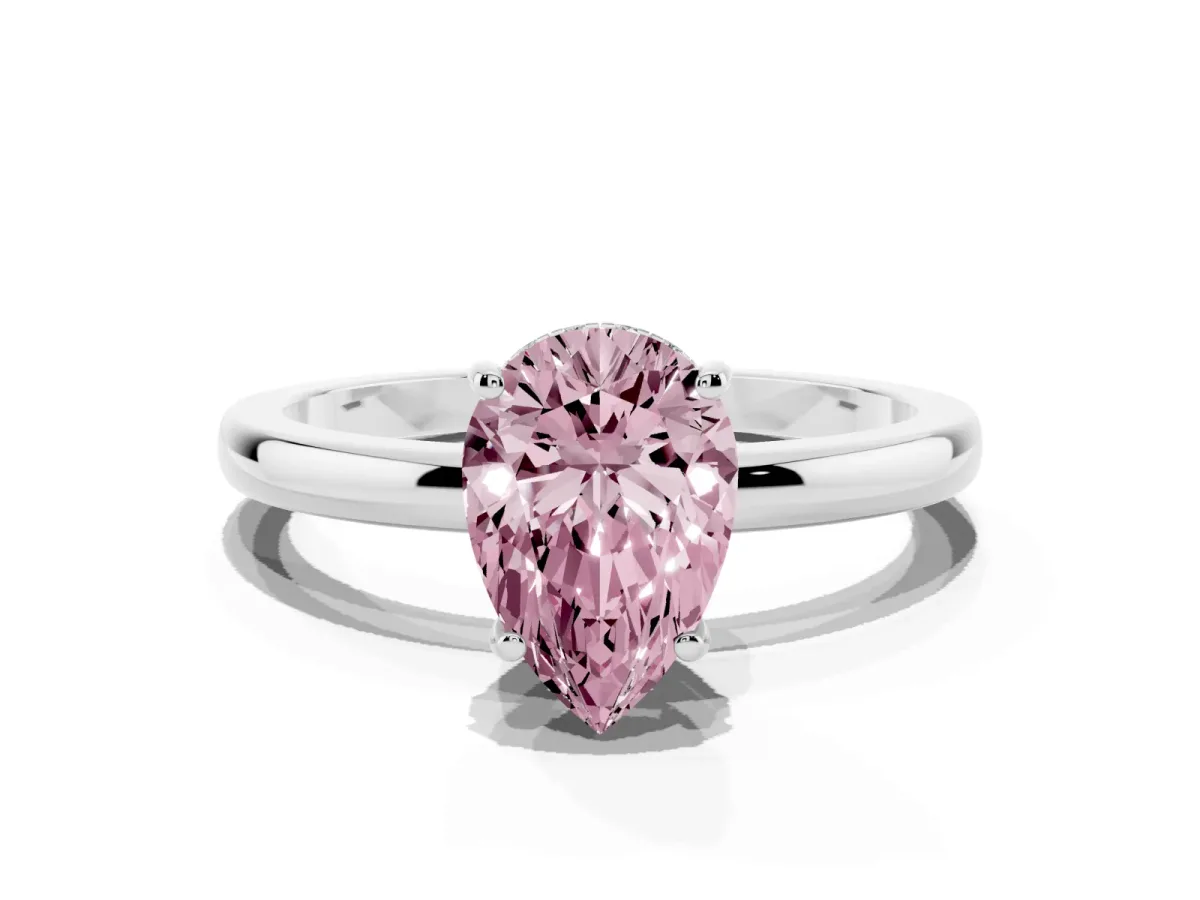 Fancy Pink Pear Cut Solitaire Diamond Ring with Prong Setting and Plain Band White gold