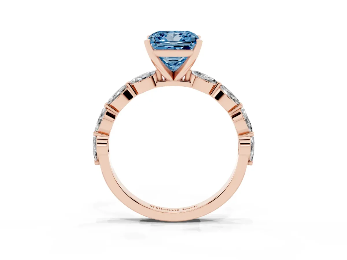 Fancy Blue Princess Cut Diamond Ring with Marquise Side Stones and Prong Setting Rose gold