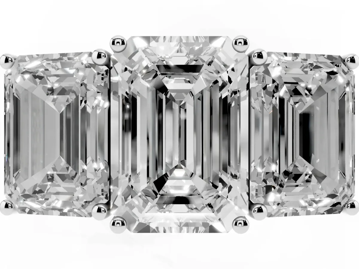 Emerald Cut Diamond Three-Stone Ring with Prong Setting and Textured Band White gold