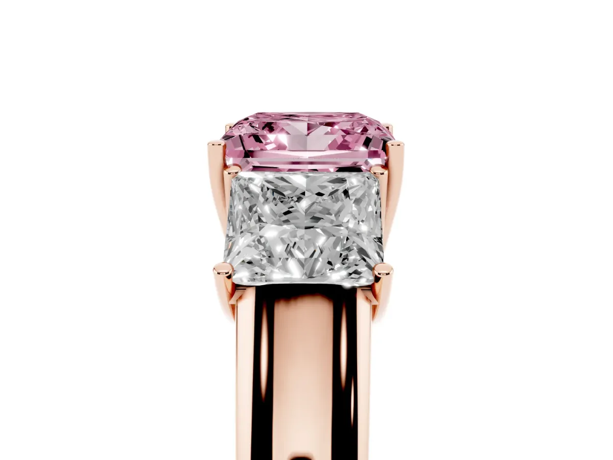 Fancy Pink Three-Stone Princess Cut Cut Diamond Ring with Prong Setting and Classic Band Rose gold