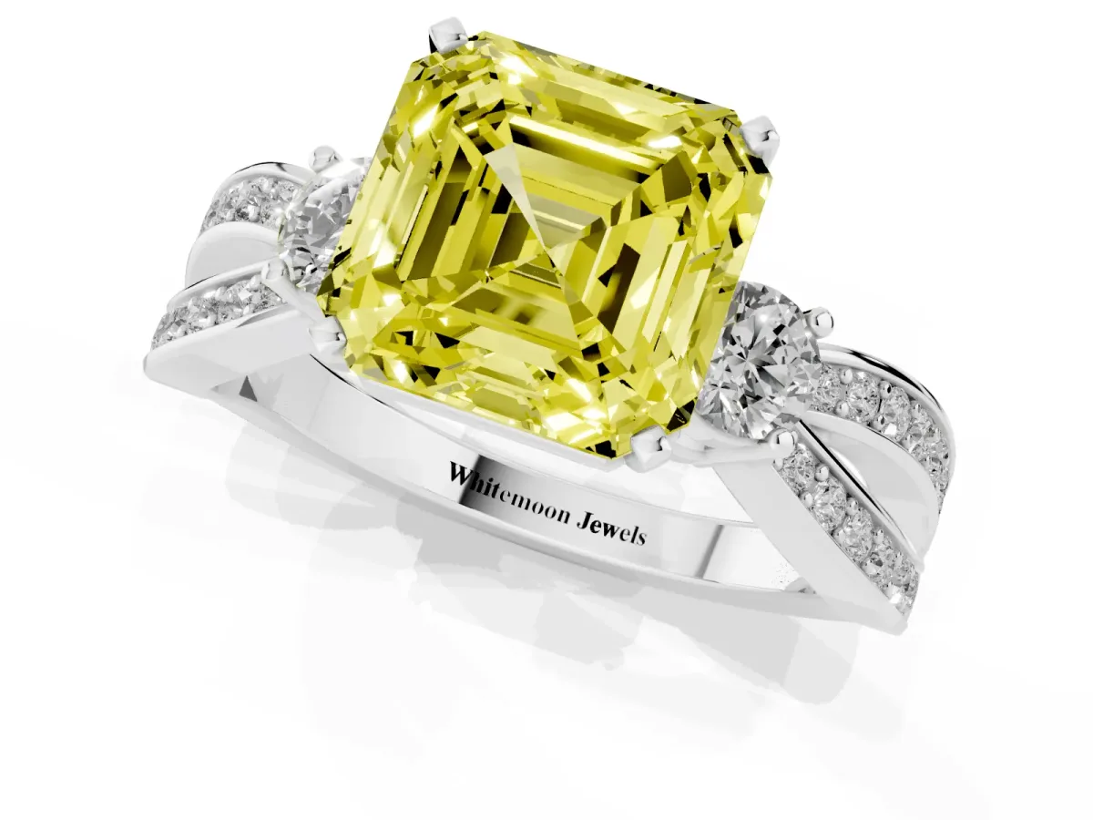 Fancy Yellow Three-Stone Asscher Cut Cut Diamond Twist Band with Prong Setting Silver