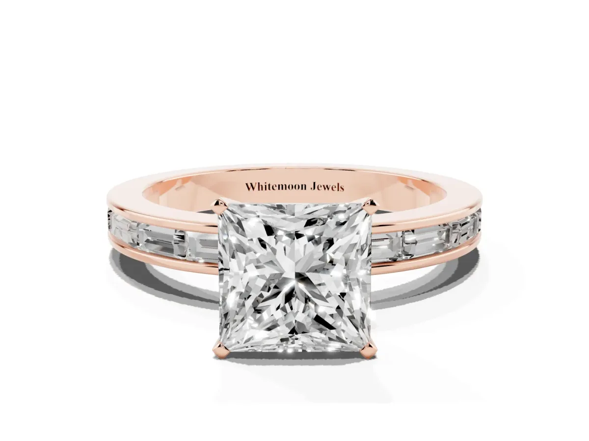 Princess Cut Solitaire Diamond Ring with Channel-Set Baguette Band and Four-Prong Setting Rose gold