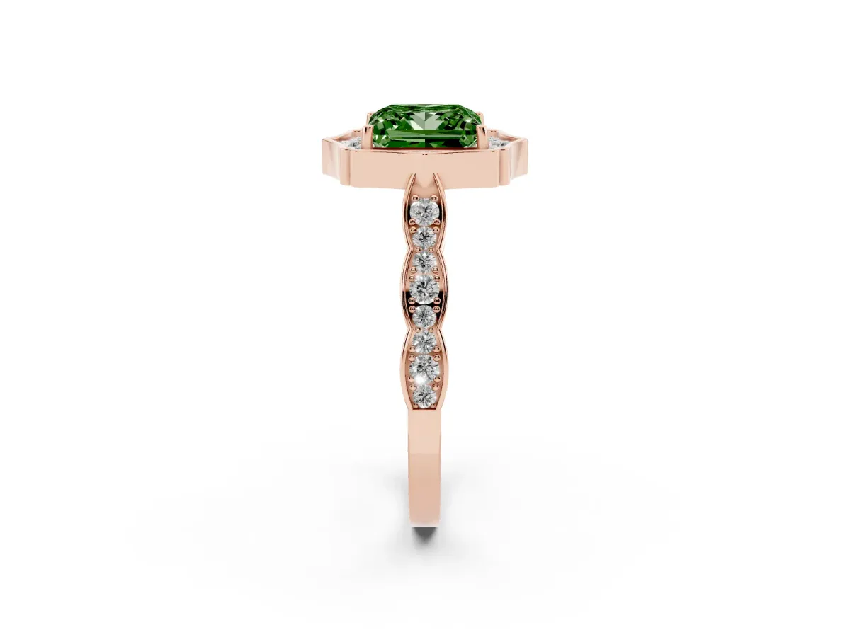 Fancy Green Princess Cut Halo Diamond Engagement Ring with Milgrain Band and Four-Prong Setting Rose gold