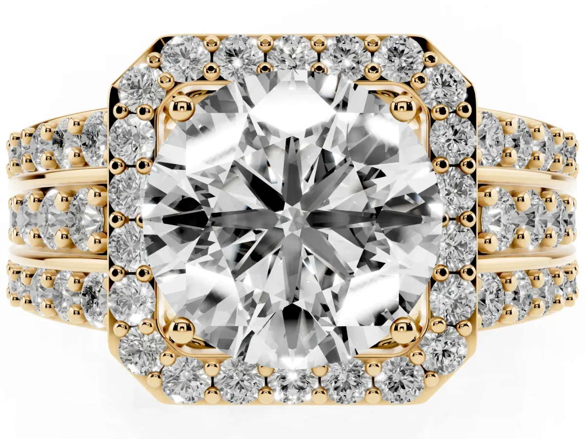 Round Cut Halo Diamond Ring with Round Split Shank and Prong Setting Yellow gold
