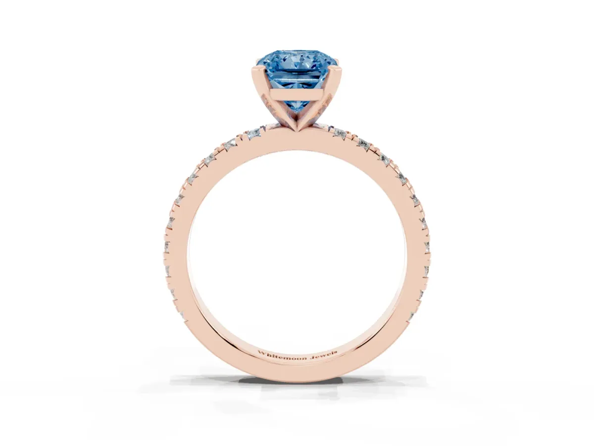 Fancy Blue Radiant Cut Diamond Pavé Band Solitaire with Four-Prong Setting Rose gold