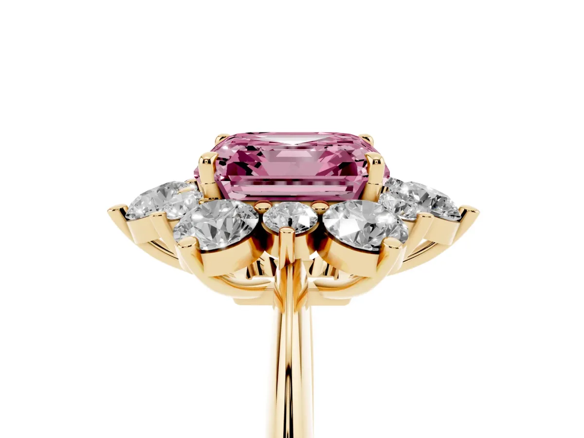 Fancy Pink Asscher Cut Diamond Cluster Halo Ring with Solitaire Band and Four-Prong Setting Yellow gold