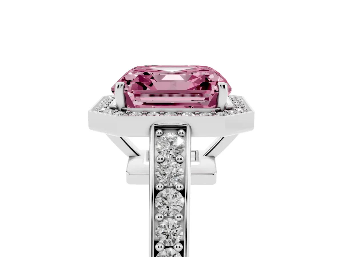 Fancy Pink Asscher Cut Halo Pavé Diamond Engagement Ring with Bezel Setting Platinum