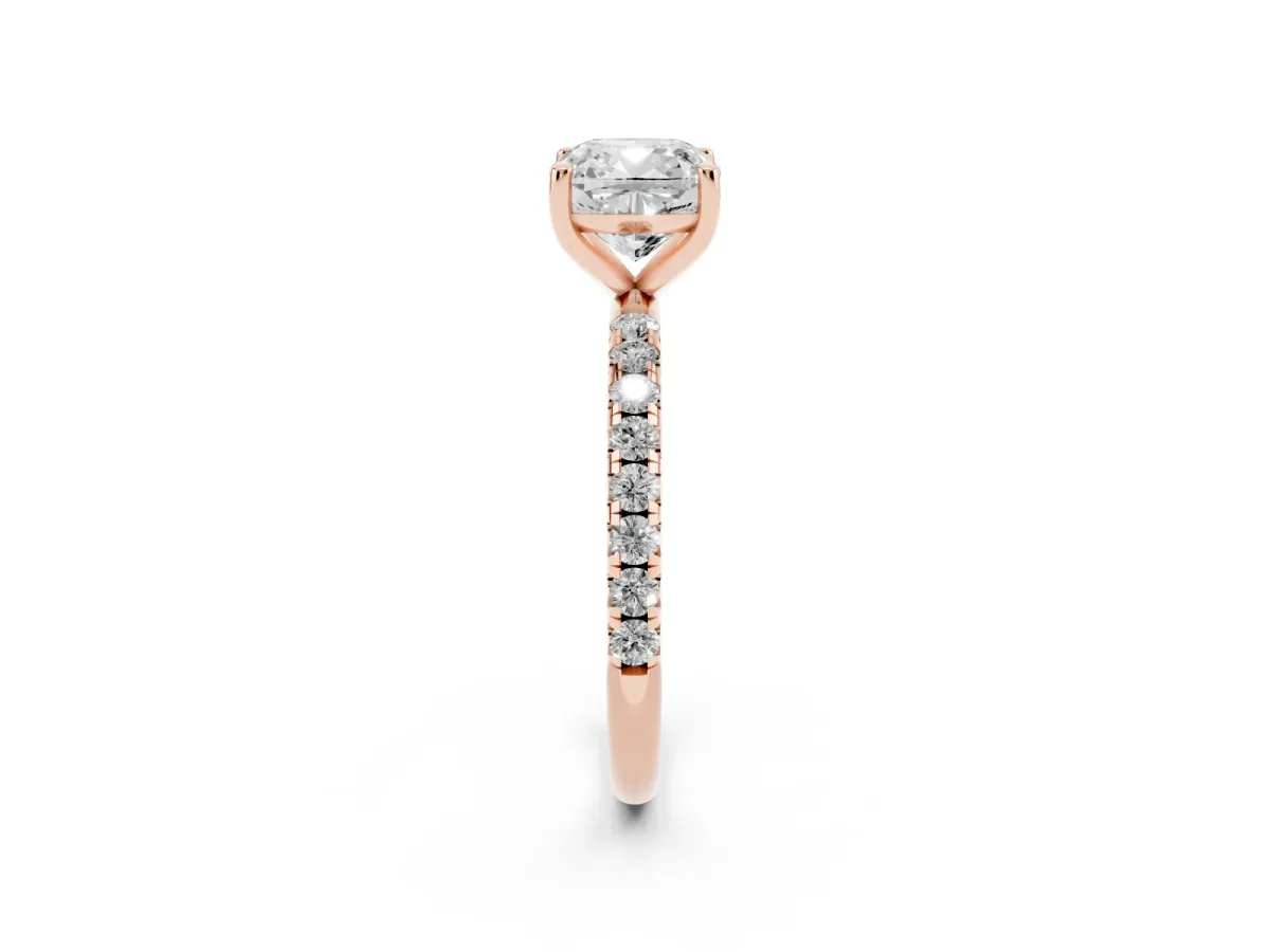 Cushion Cut Cut Diamond Solitaire Ring with Micro Pave Band and Four Prong Setting Rose gold