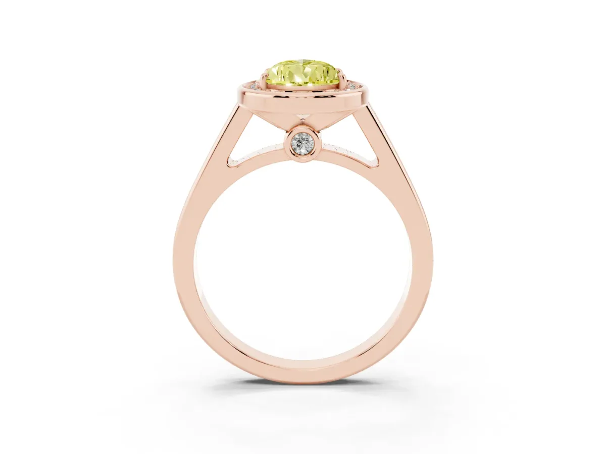 Fancy Yellow Pear Cut Halo Solitaire Diamond Ring with Pave Band and Bezel Setting Rose gold