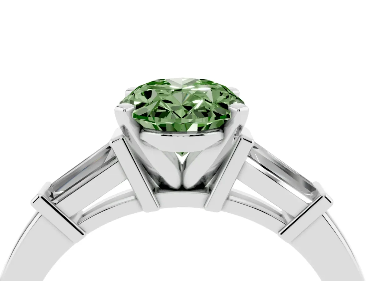 Fancy Green Oval Cut Cut Diamond Solitaire Ring with Tapered Baguette Accents and Four-Prong Setting Platinum