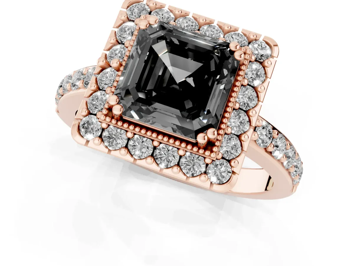 Fancy Black Asscher Cut Diamond Halo Ring with Pavé Band and Prong Setting Rose gold