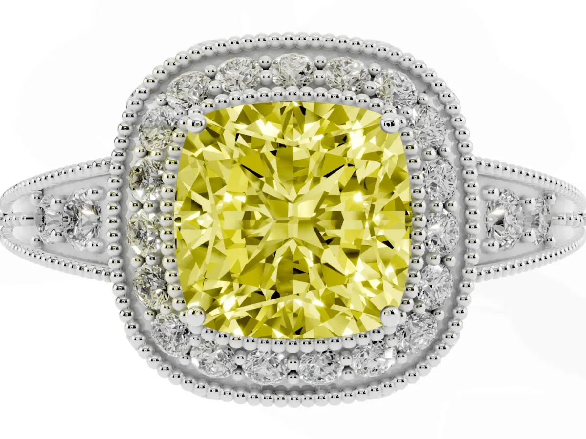 Fancy Yellow Cushion Cut Halo Diamond Split Shank Ring with Milgrain Detail Platinum