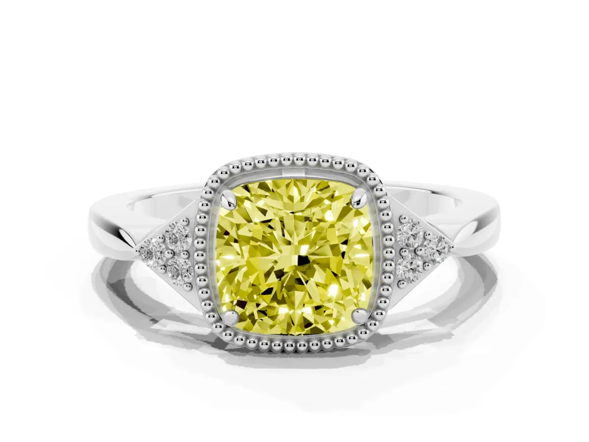 Fancy Yellow Cushion Cut Diamond Halo Ring with Tapered Band and Four-Prong Setting Silver