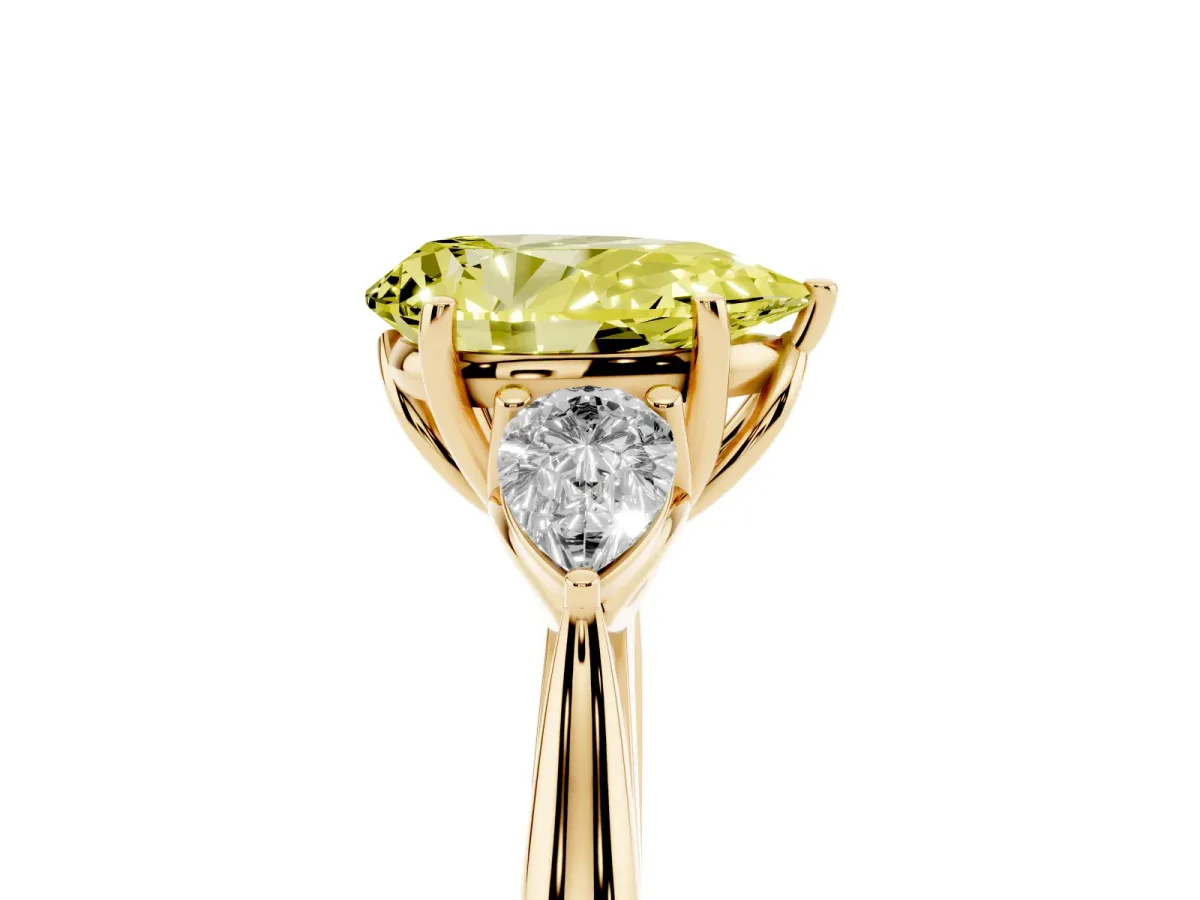 Fancy Yellow Pear Cut Diamond Three-Stone Ring with Pear Side Stones and Prong Setting Yellow gold