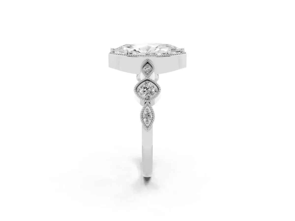 Marquise Cut Diamond Vintage Milgrain Ring with Round Stations Silver