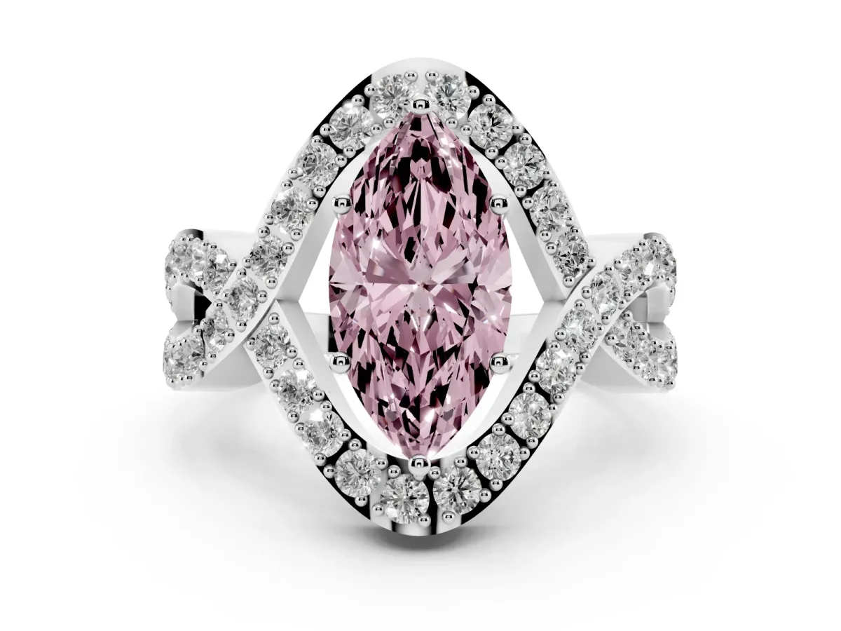 Fancy Pink Marquise Cut Solitaire Twist Band Pavé Diamond Engagement Ring Silver