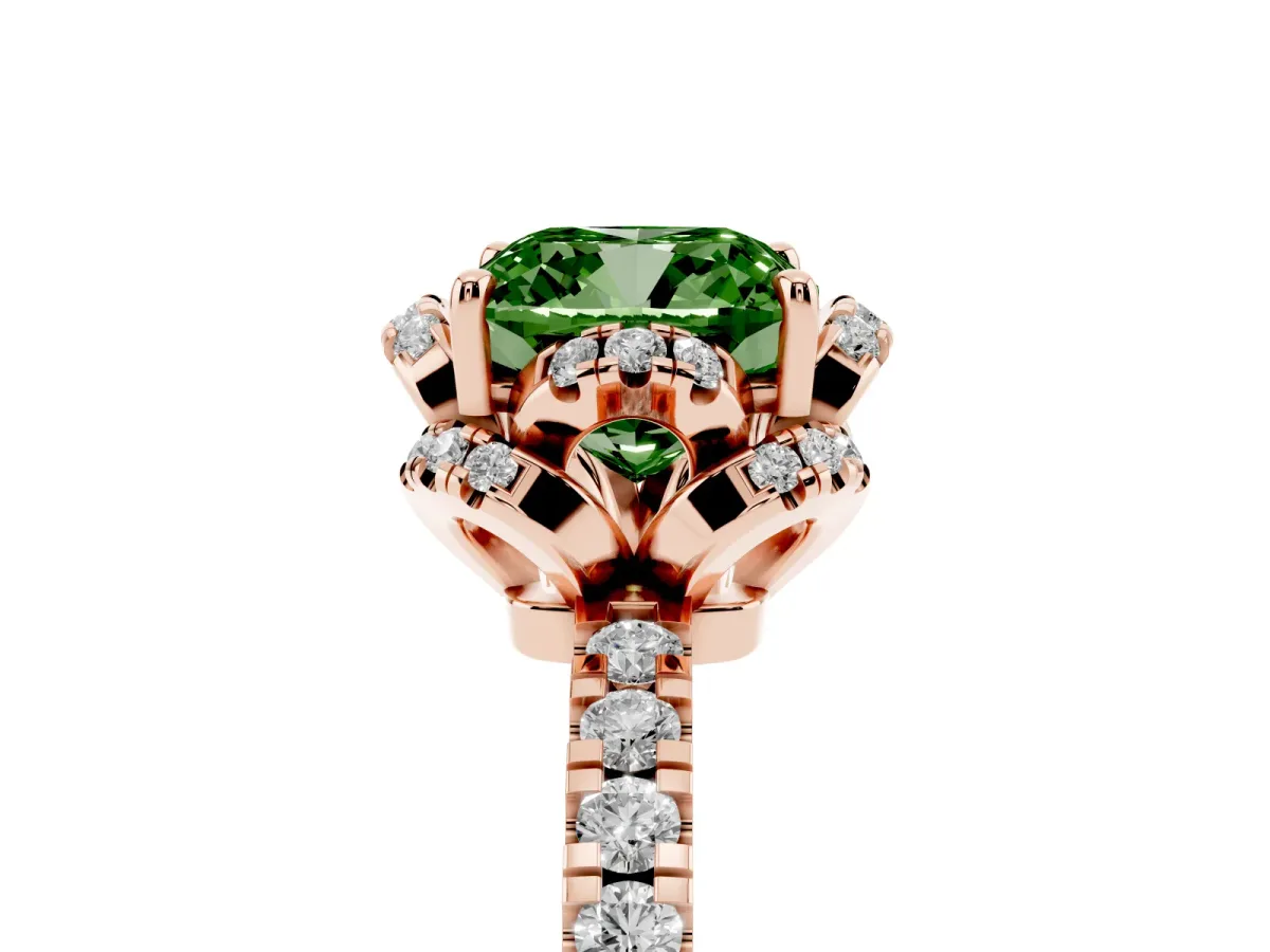 Fancy Green Cushion Cut Diamond Halo Pave Band with Four-Prong Setting Rose gold