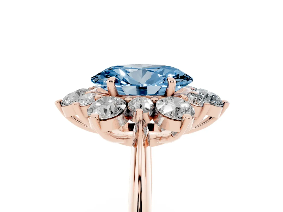 Fancy Blue Oval Cut Diamond Cluster Halo Ring with Solitaire Band and Four-Prong Setting Rose gold