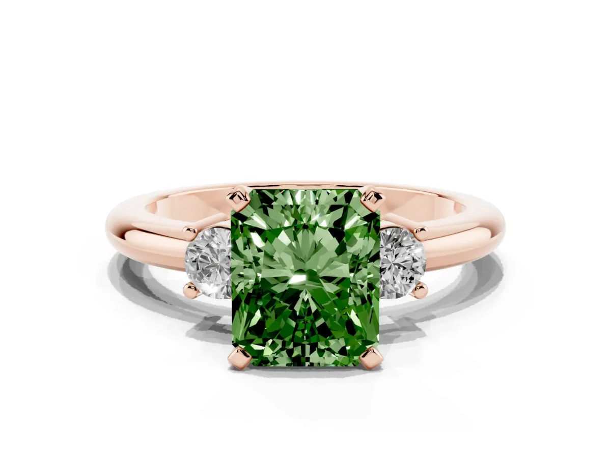 Fancy Green Three-Stone Radiant Cut Cut Diamond Solitaire with Prong Setting and Classic Band Rose gold