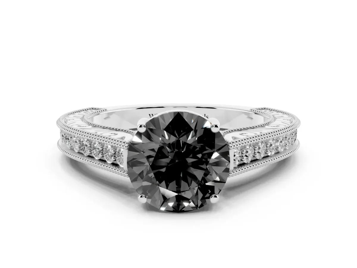 Fancy Black Round Cut Cut Pave Band Milgrain Solitaire Ring Silver