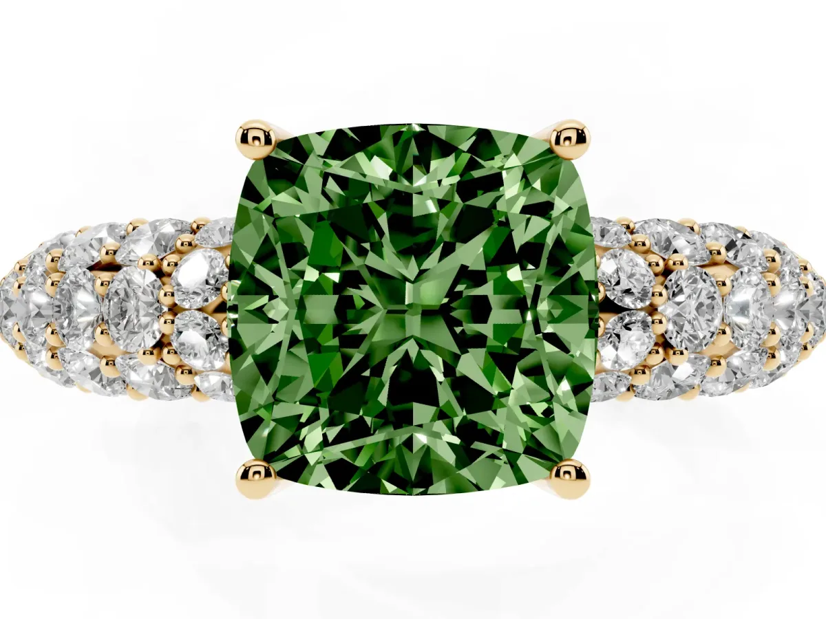 Fancy Green Cushion Cut Diamond Pavé Band Solitaire Ring with Four-Prong Setting Yellow gold