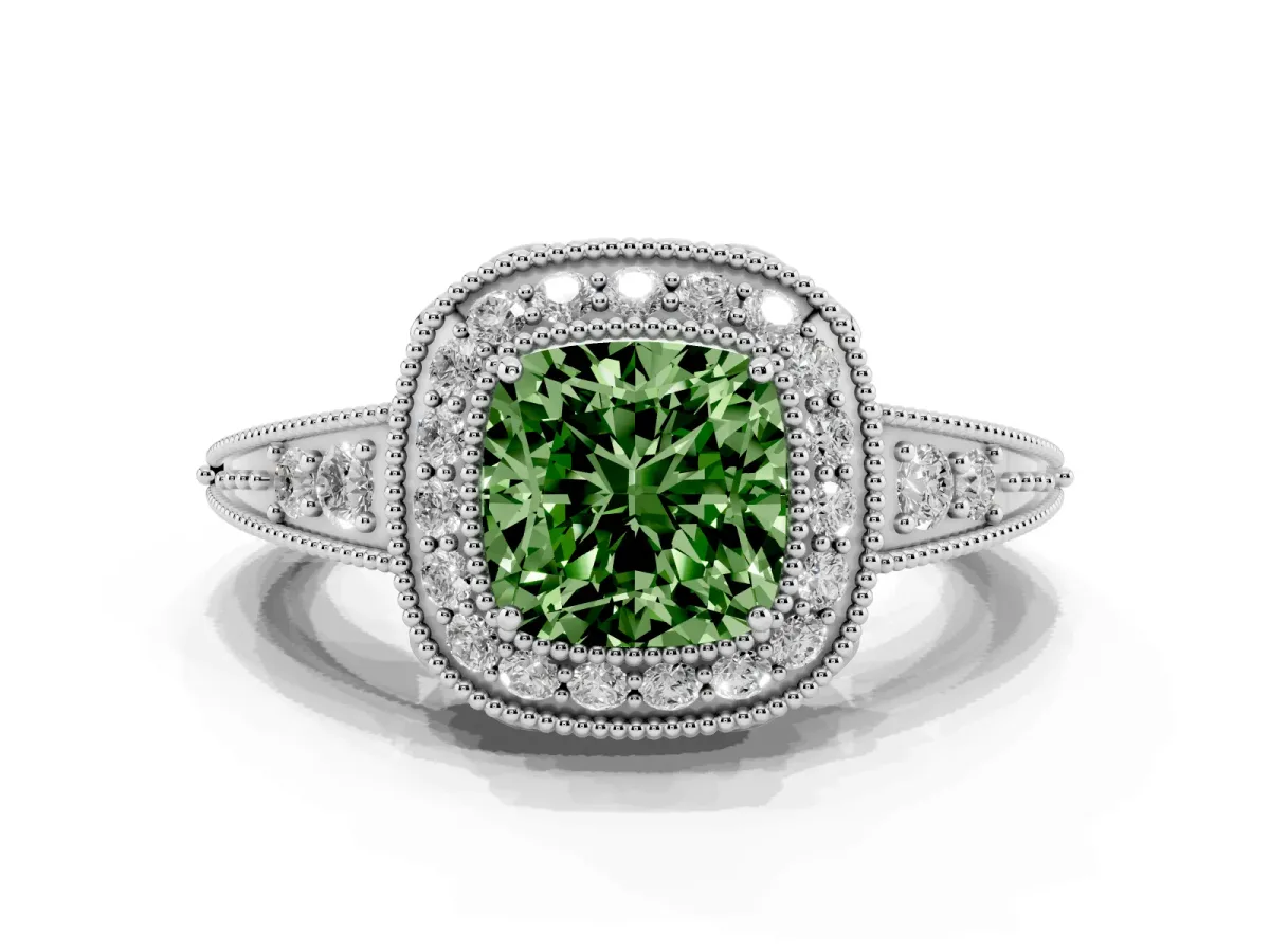 Fancy Green Cushion Cut Halo Diamond Split Shank Ring with Milgrain Detail Platinum