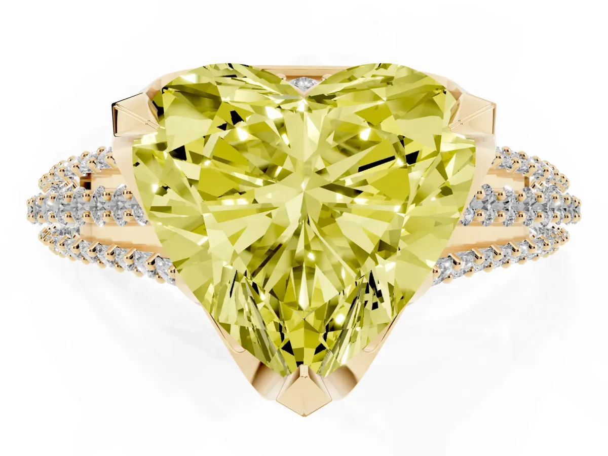 Fancy Yellow Heart Cut Solitaire Pave Split Shank Ring with Four-Prong Setting Yellow gold