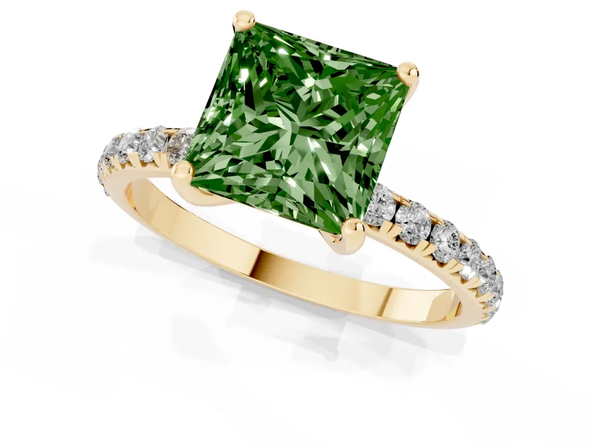 Fancy Green Princess Cut Cut Diamond Solitaire Ring with Micro Pave Band and Four Prong Setting Yellow gold