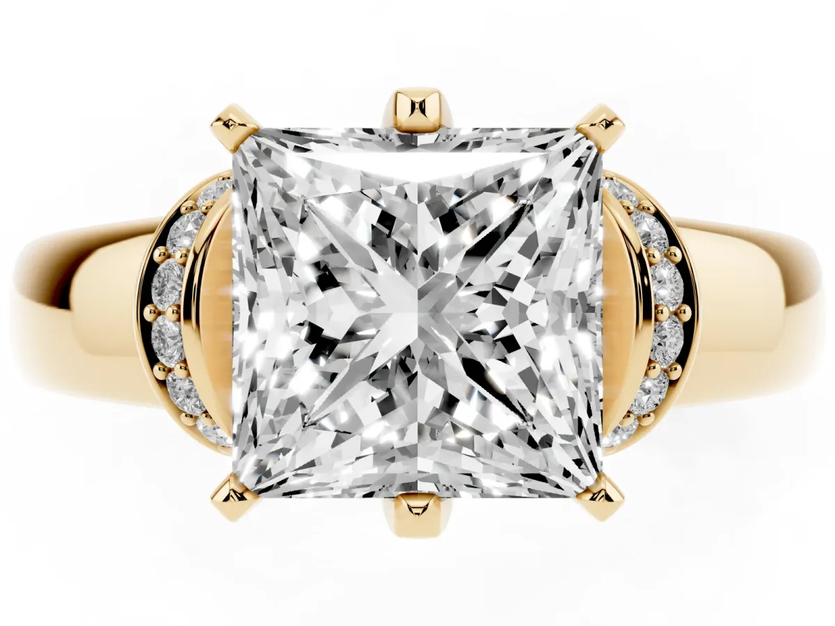 Princess Cut Solitaire Diamond Ring with Pave Band and Six-Prong Setting Yellow gold