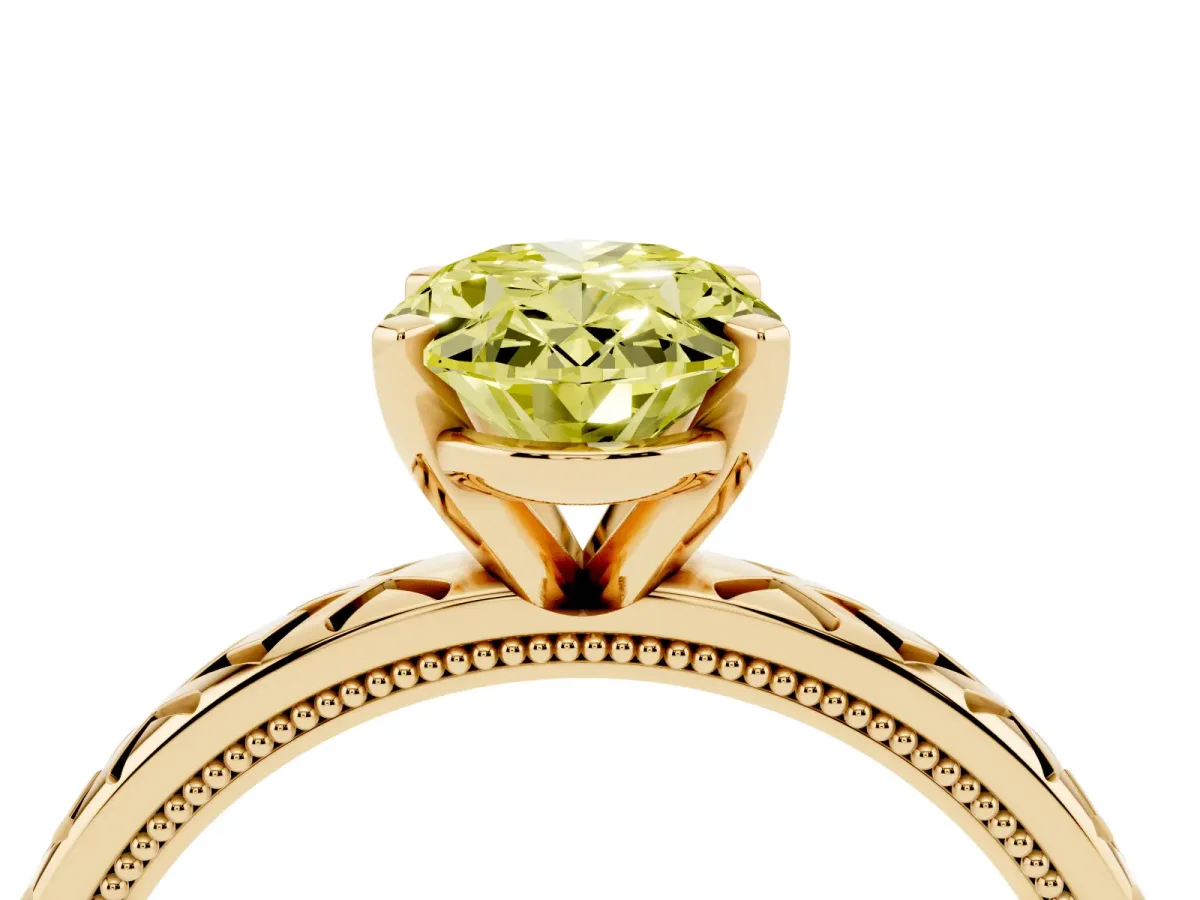 Fancy Yellow Oval Cut Solitaire Diamond Ring with Milgrain and Black Enamel X Pattern Band Yellow gold