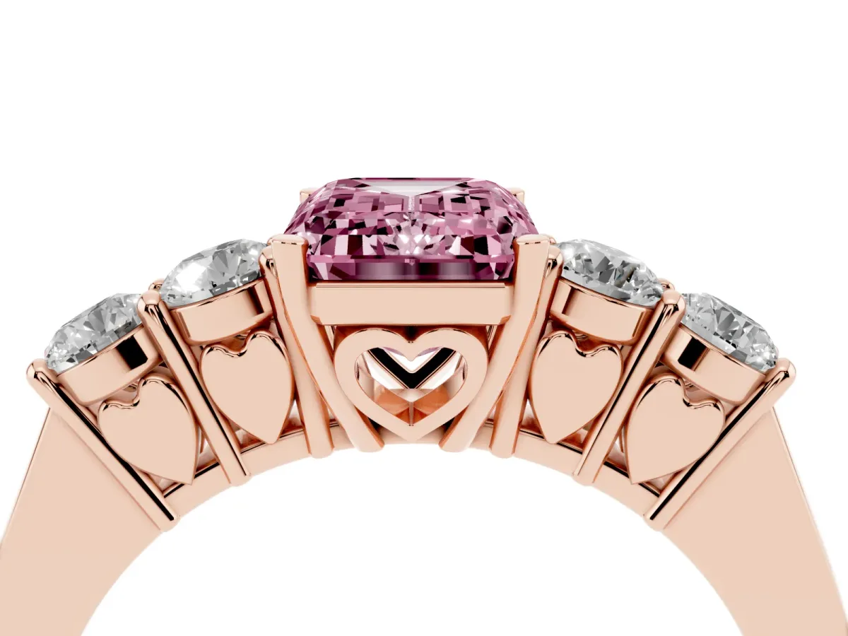 Fancy Pink Emerald Cut Cut Diamond Five-Stone Prong Set White Gold Ring Rose gold
