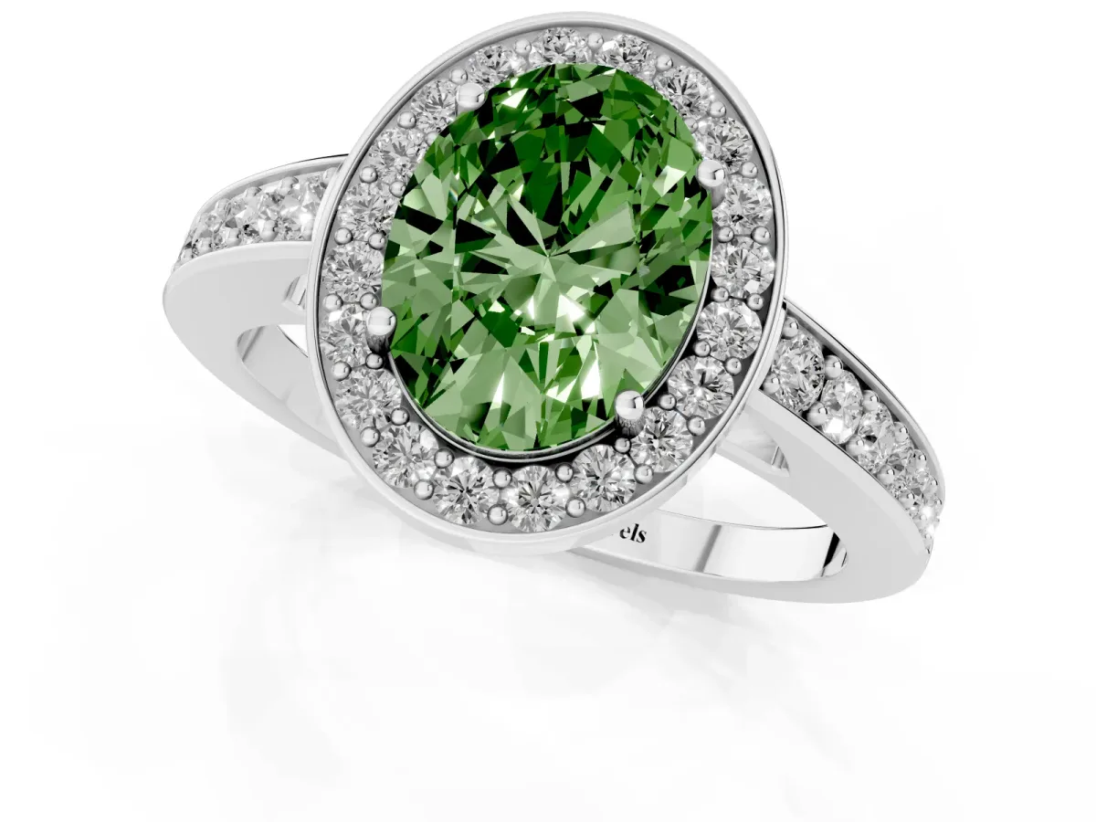Fancy Green Oval Cut Halo Pavé Diamond Engagement Ring with Bezel Setting Silver