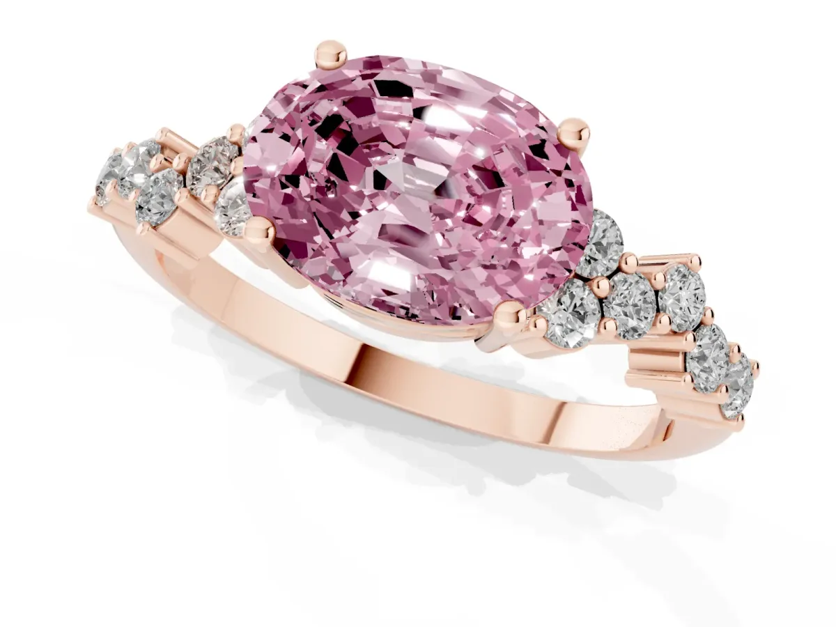 Fancy Pink Oval Cut Diamond Scattered Round Accent Ring with Prong Setting Rose gold