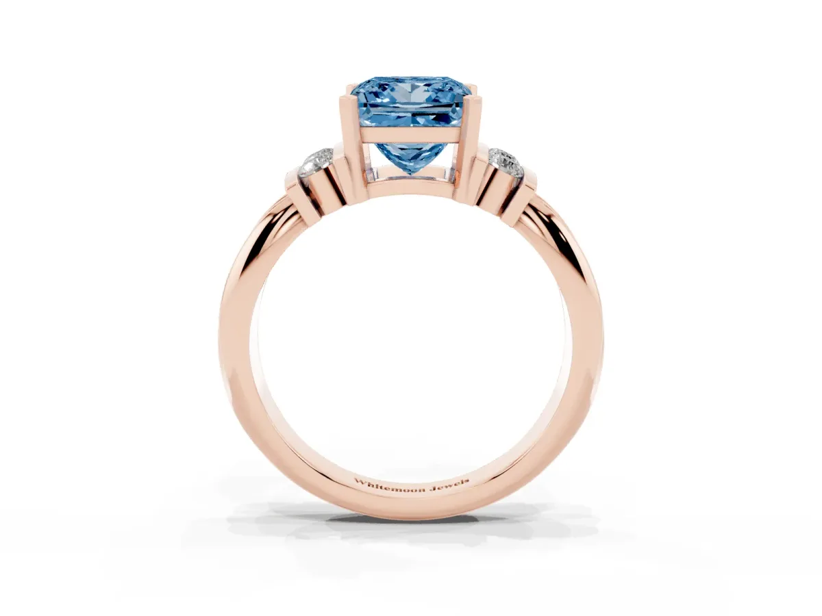 Fancy Blue Princess Cut Cut Three-Stone Channel Set Ring with Bar Prongs Rose gold