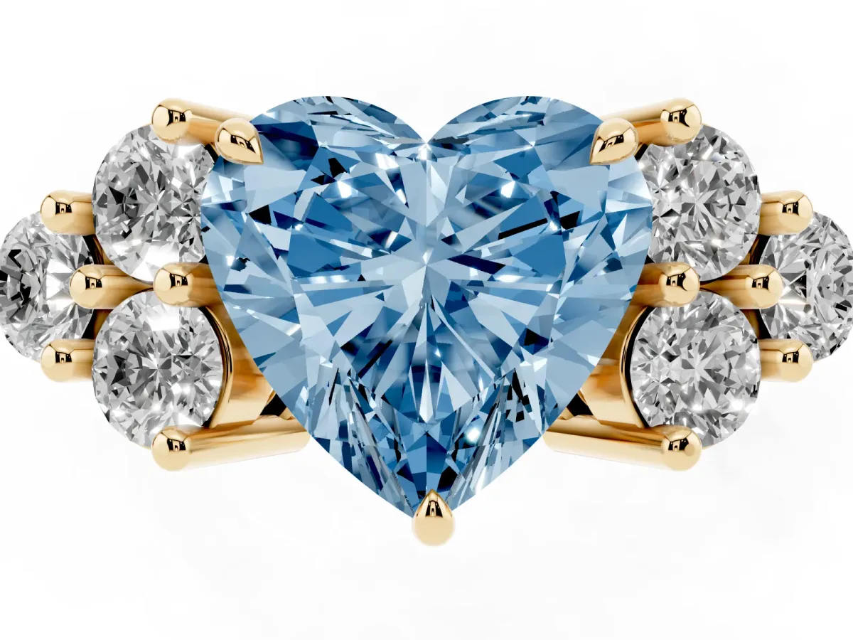 Fancy Blue Heart Cut Brilliant Diamond Cluster Accent Solitaire Ring with Prong Setting Yellow gold