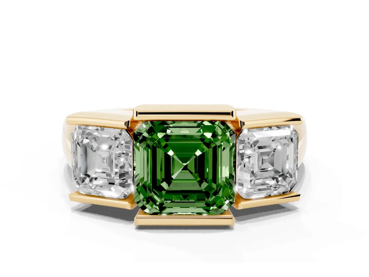 Fancy Green Three Stone Asscher Cut Cut Channel Set Diamond Ring Yellow gold