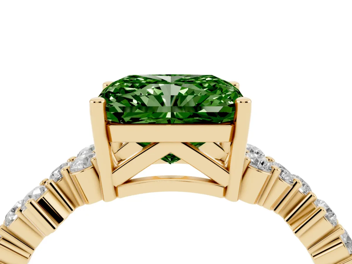 Fancy Green Radiant Cut Diamond Scattered Round Accent Ring with Prong Setting Yellow gold