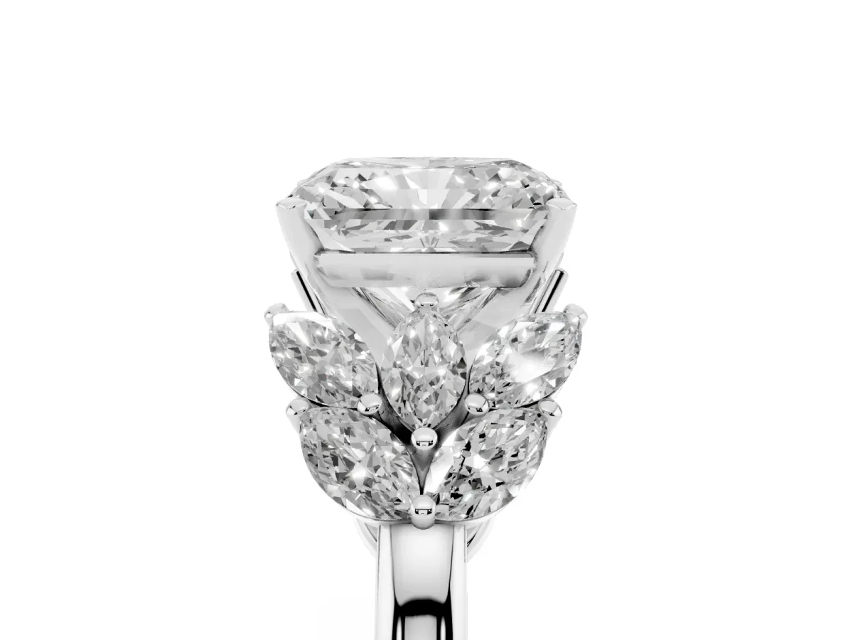 Radiant Cut Diamond Cluster Leaf Design Ring with Prong Setting Silver
