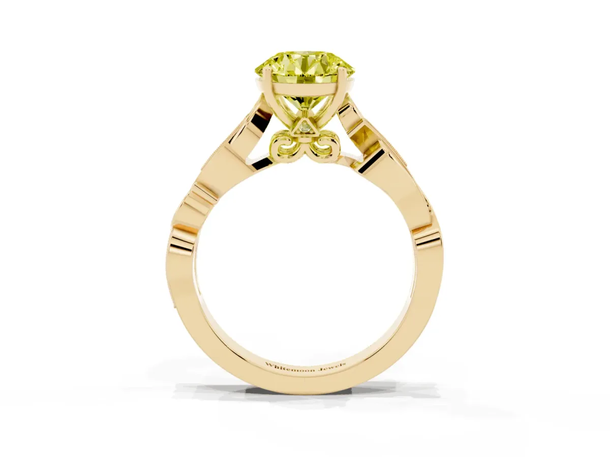 Fancy Yellow Round Cut Solitaire Vine Band with Milgrain Prong Setting Yellow gold