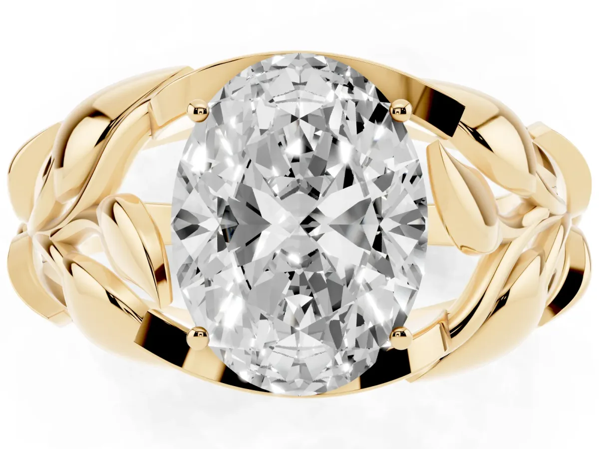 Oval Cut Diamond Leaf-Inspired Engagement Ring with Round Accents and Prong Setting Yellow gold