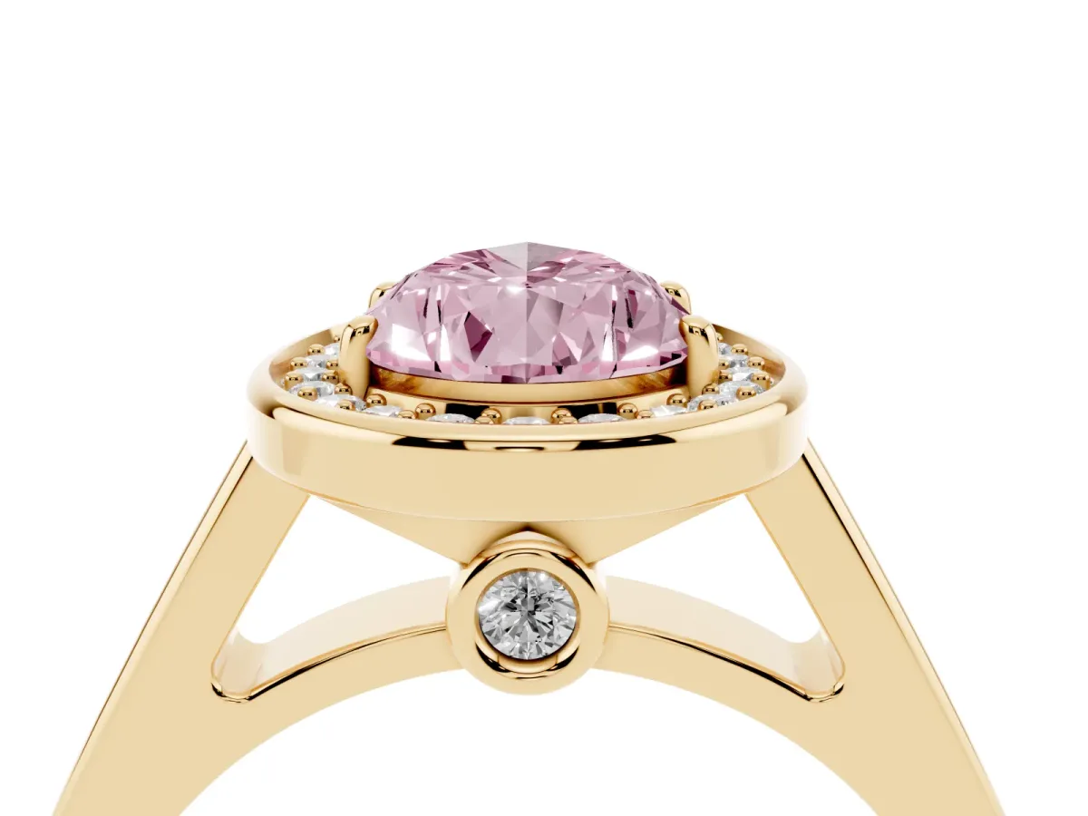 Fancy Pink Pear Cut Halo Solitaire Diamond Ring with Pave Band and Bezel Setting Yellow gold