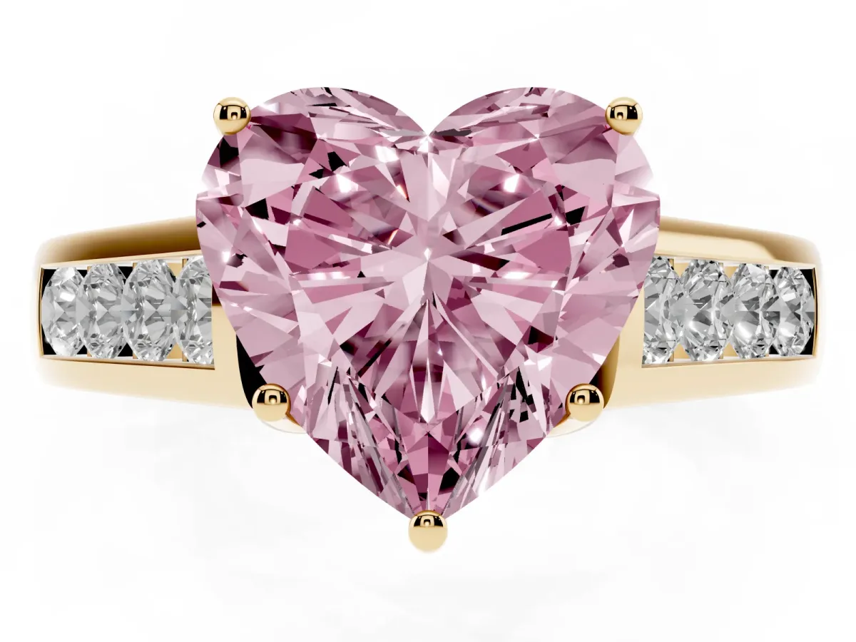 Fancy Pink Heart Cut Brilliant Channel-Set Solitaire Ring with Four-Prong Setting Yellow gold