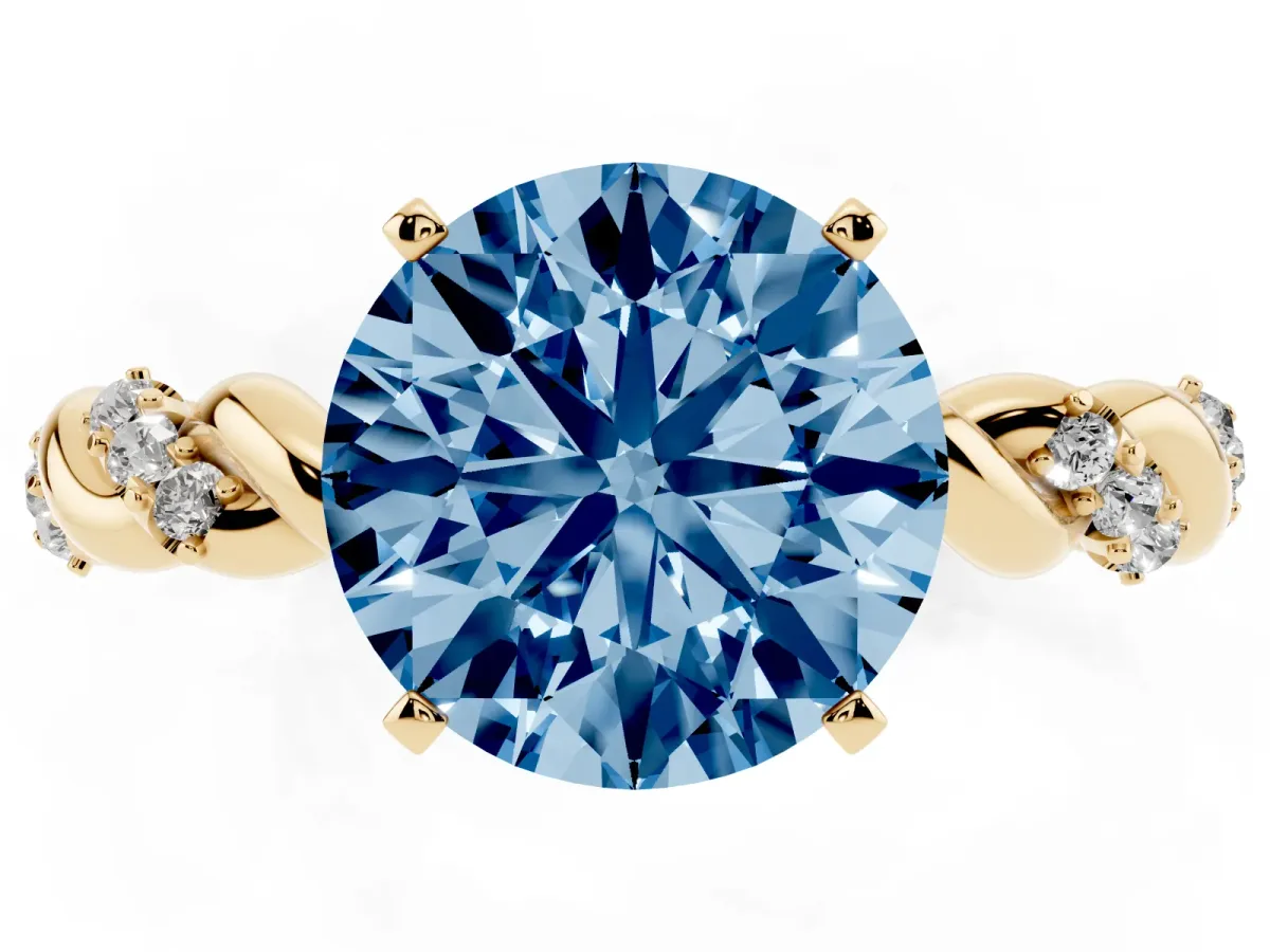 Fancy Blue Round Cut Diamond Solitaire Ring with Twisted Band and Pavé Accents Yellow gold