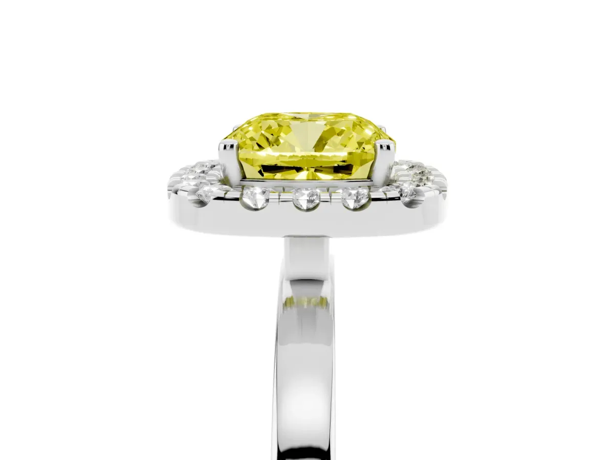 Fancy Yellow Cushion Cut Halo Diamond Solitaire with Pavé Band and Four-Prong Setting White gold