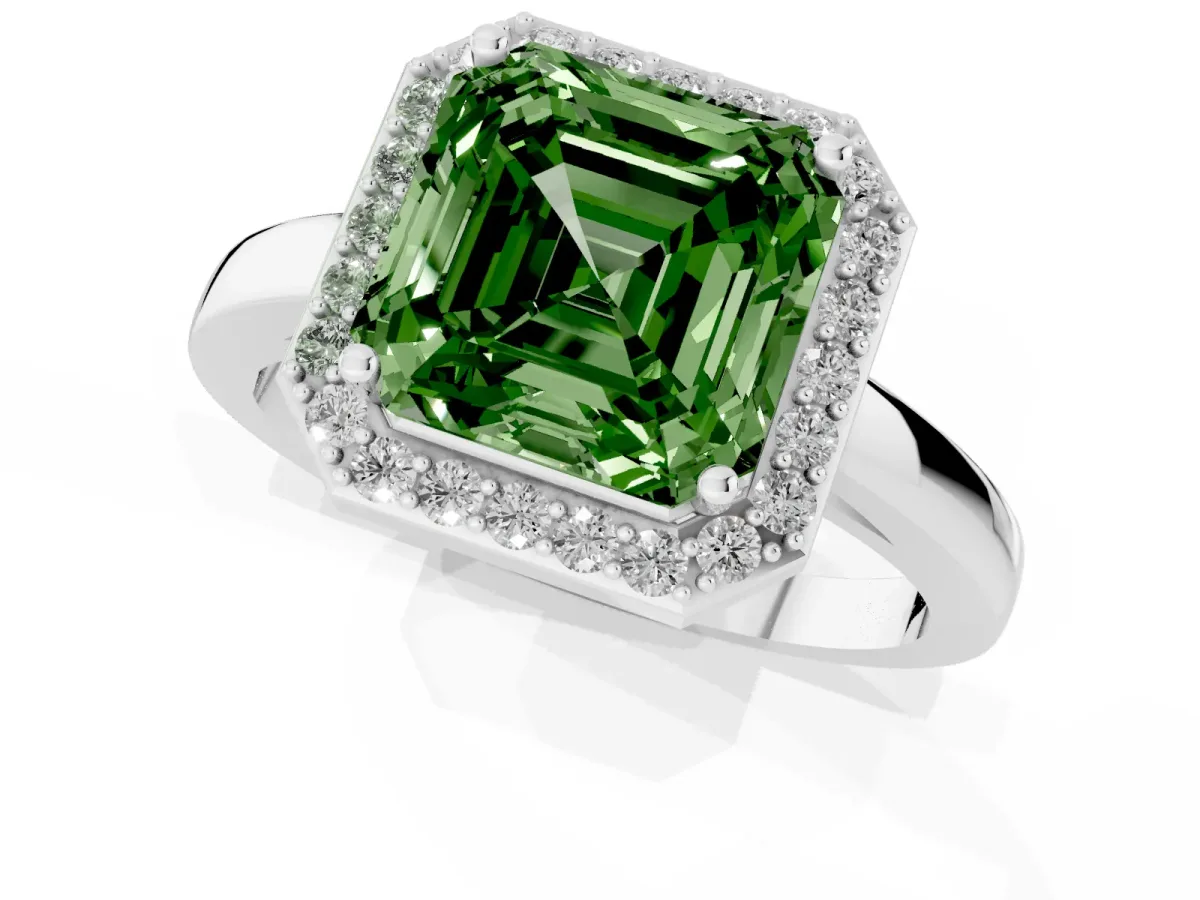 Fancy Green Asscher Cut Halo Diamond Ring with Solitaire Band and Prong Setting Platinum