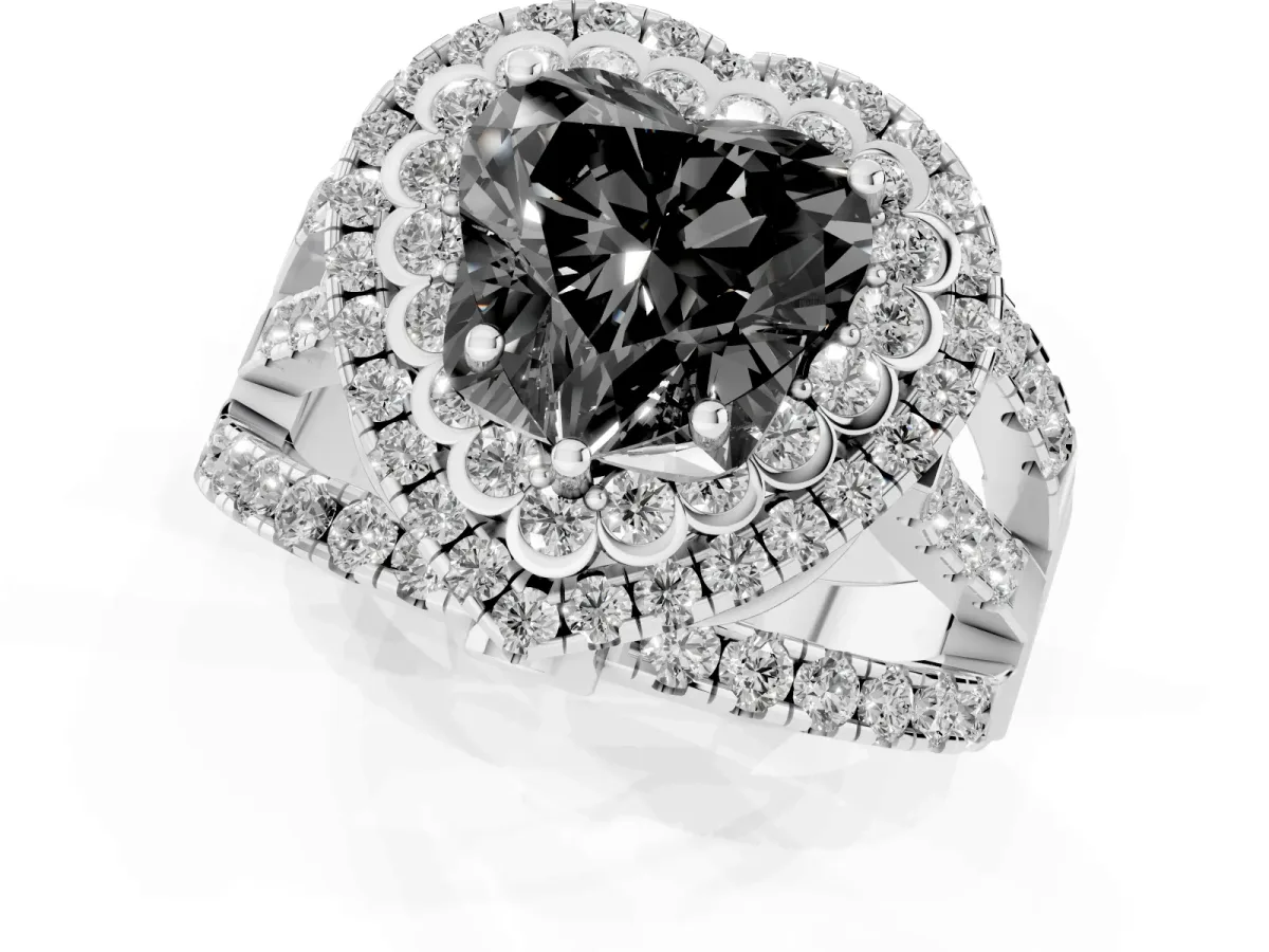 Fancy Black Heart Cut Diamond Double Halo Ring with Round Pavé Split Shank and Prong Setting Silver