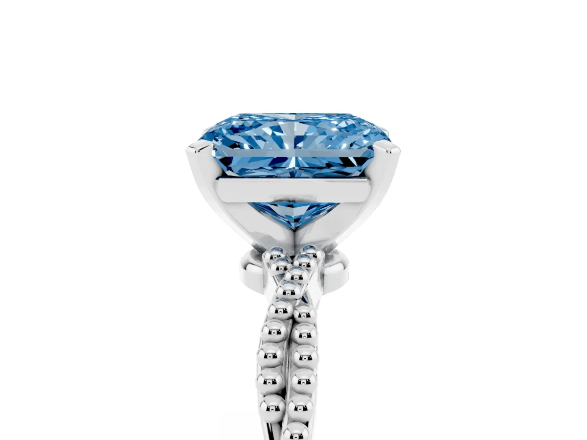 Fancy Blue Radiant Cut Solitaire Twisted Band with Bead Prong Setting Platinum