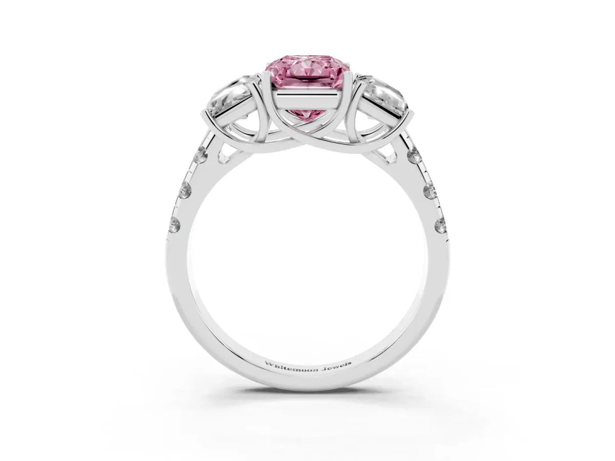 Fancy Pink Three-Stone Radiant Cut Diamond Pavé Band with Prong Setting Silver