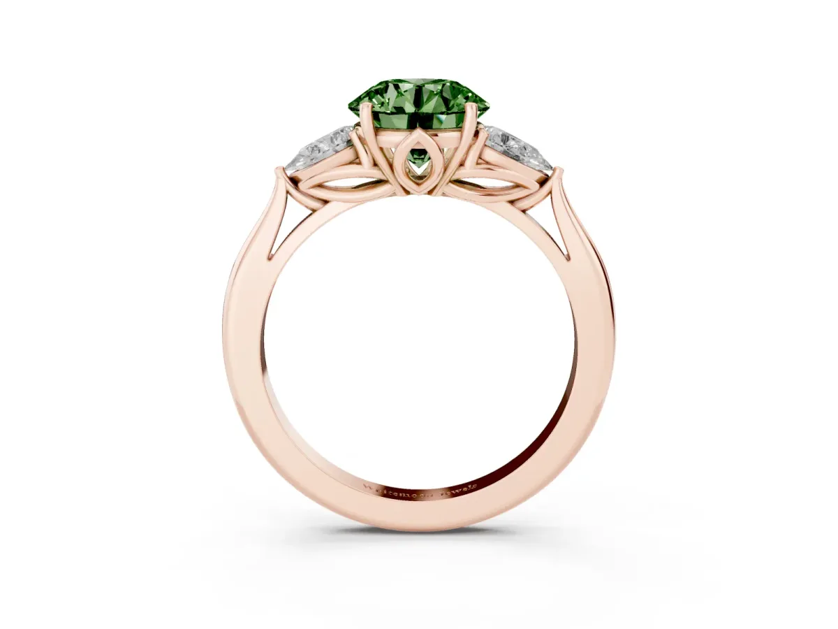 Fancy Green Three-Stone Round Cut Brilliant Diamond Solitaire Ring with Tapered Band and Four-Prong Setting Rose gold